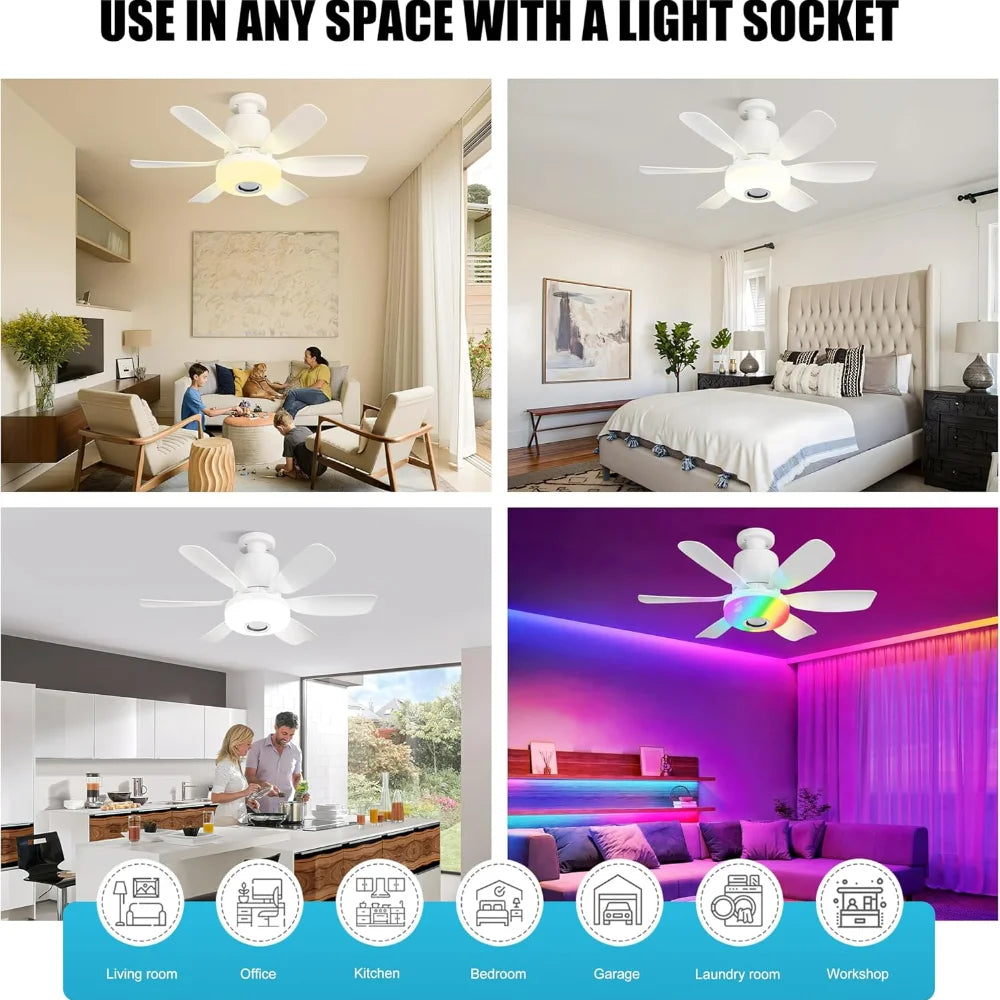 RGB Color Changing LED Ceiling Fan Light Ultra-quiet E27 Screw Remote Bluetooth Music Timer Smart Remote Bedroom Lighting