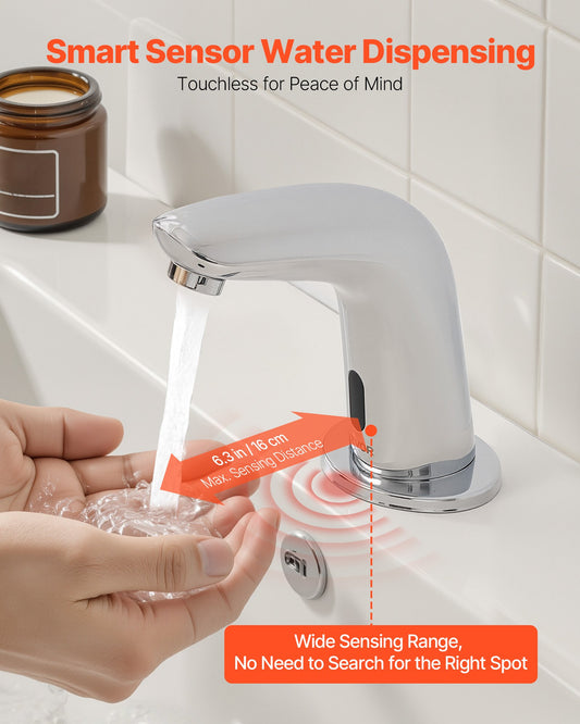 Touchless Bathroom Sink Faucet, Automatic Motion Sensor Restroom Toilet Faucet Cold Water With Hole Cover Plate, Battery Operated For 9/16 In Pipe Commercial Lavatory,Chrome Plated Silver G112M
