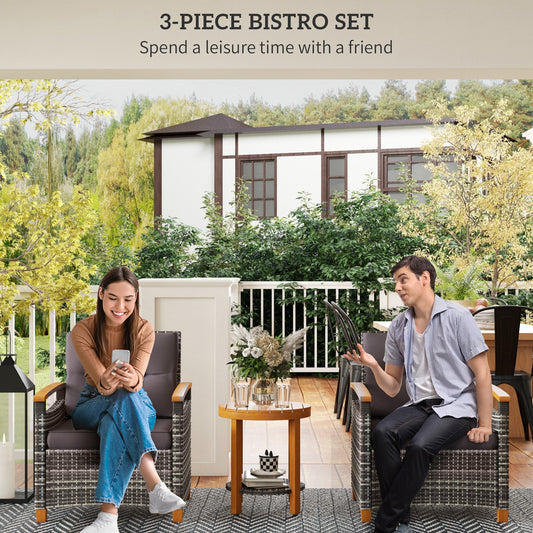 Outdoor Bistro Set Wicker Patio Furniture With Cushions For Porch, Backyard, Garden, Gray