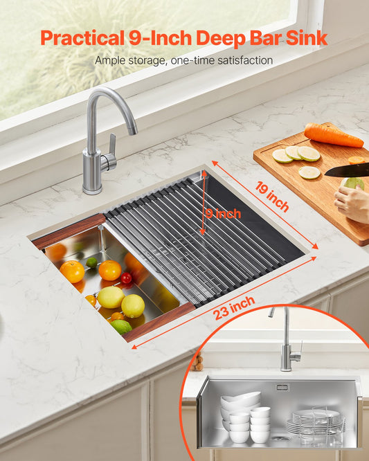 23' Kitchen Sink Undermount Single Bowl Drop-In Basin Stainless Steel Bar