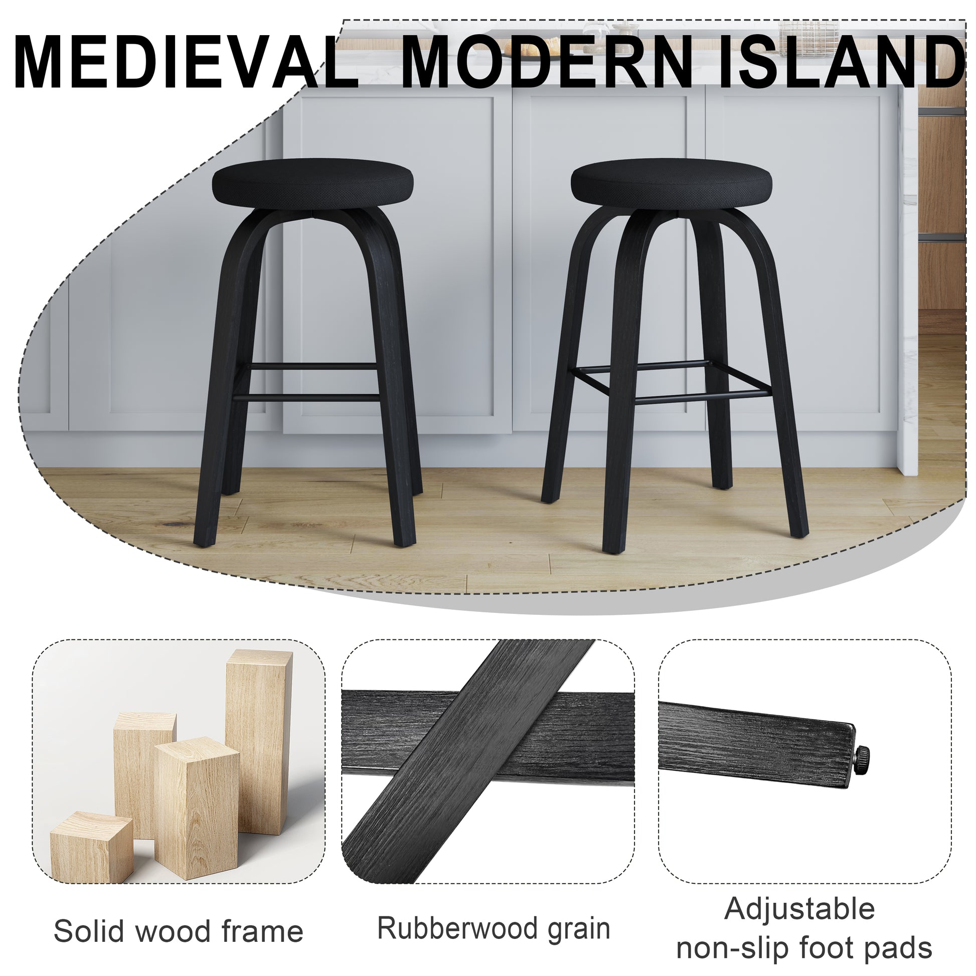 Swivel Bar Stools Set Of 2, Bar Height Backless 30 Bar Stool, Fabric Upholstered Seat, Sturdy Wood Legs And Metal Footrest, Mid-Century Modern Island Stools For Home Bars, Restaurants, All-black