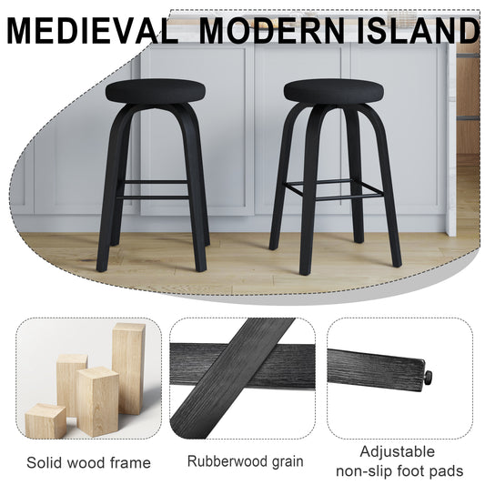 Swivel Bar Stools Set Of 2, Bar Height Backless 30 Bar Stool, Fabric Upholstered Seat, Sturdy Wood Legs And Metal Footrest, Mid-Century Modern Island Stools For Home Bars, Restaurants, All-black