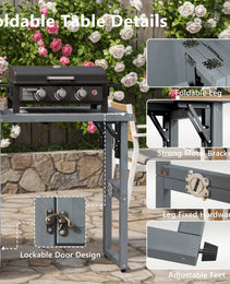 K&K 78.3  Outdoor Kitchen Island With Foldable Grill Table, Wooden Outdoor Grill Cart With Trash Can Storage & Stainless Steel Top, Outdoor Bar Cart, Pizza Oven Table For Lawn & Garden, Grey Blue
