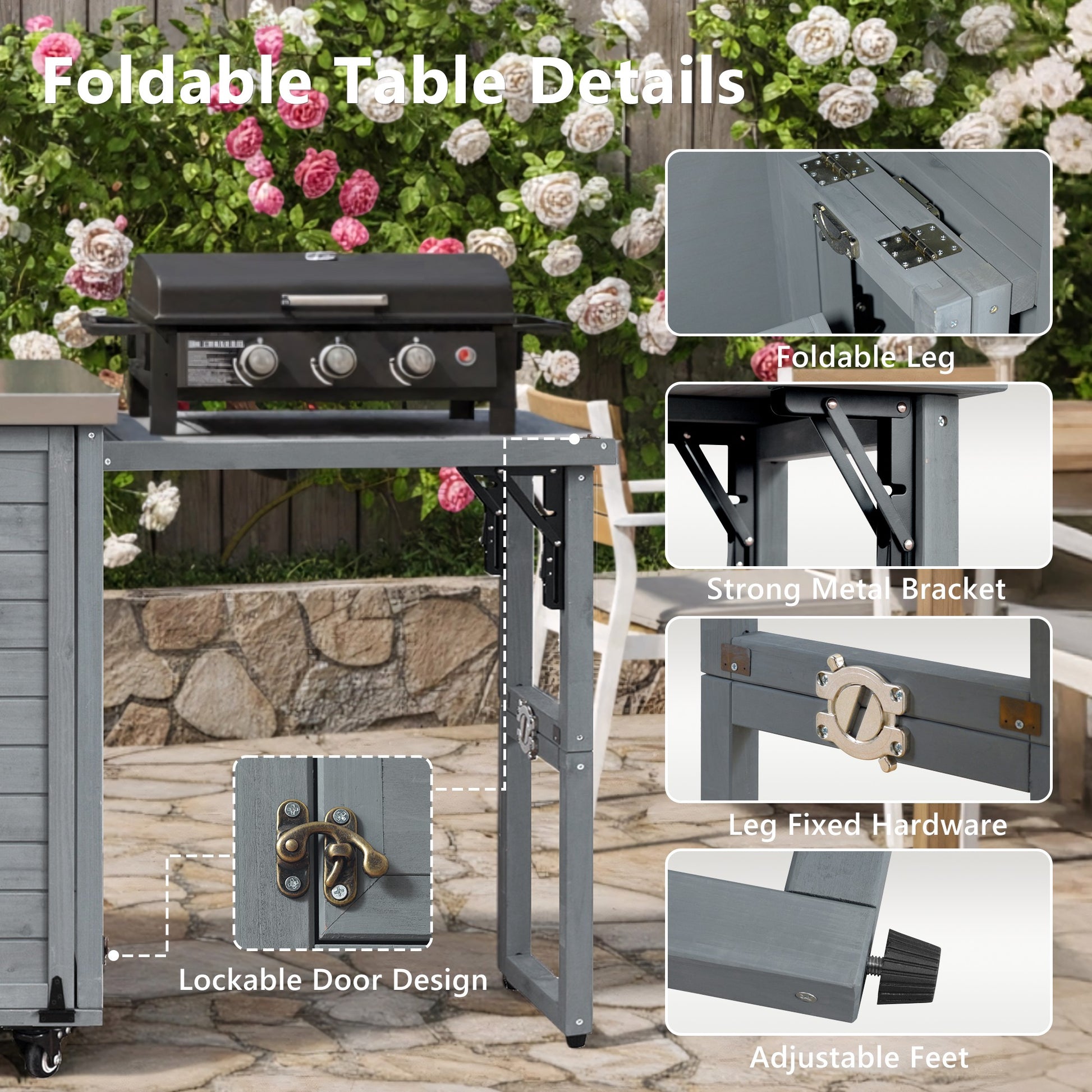 K&K 78.3  Outdoor Kitchen Island With Foldable Grill Table, Wooden Outdoor Grill Cart With Trash Can Storage & Stainless Steel Top, Outdoor Bar Cart, Pizza Oven Table For Lawn & Garden, Grey Blue
