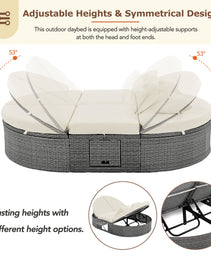 TOPMAX Outdoor Sun Bed Patio 2-Person Daybed With Cushions And Pillows, Rattan Garden Reclining Chaise Lounge With Adjustable Backrests And Foldable Cup Trays For Lawn, Poolside, Beige