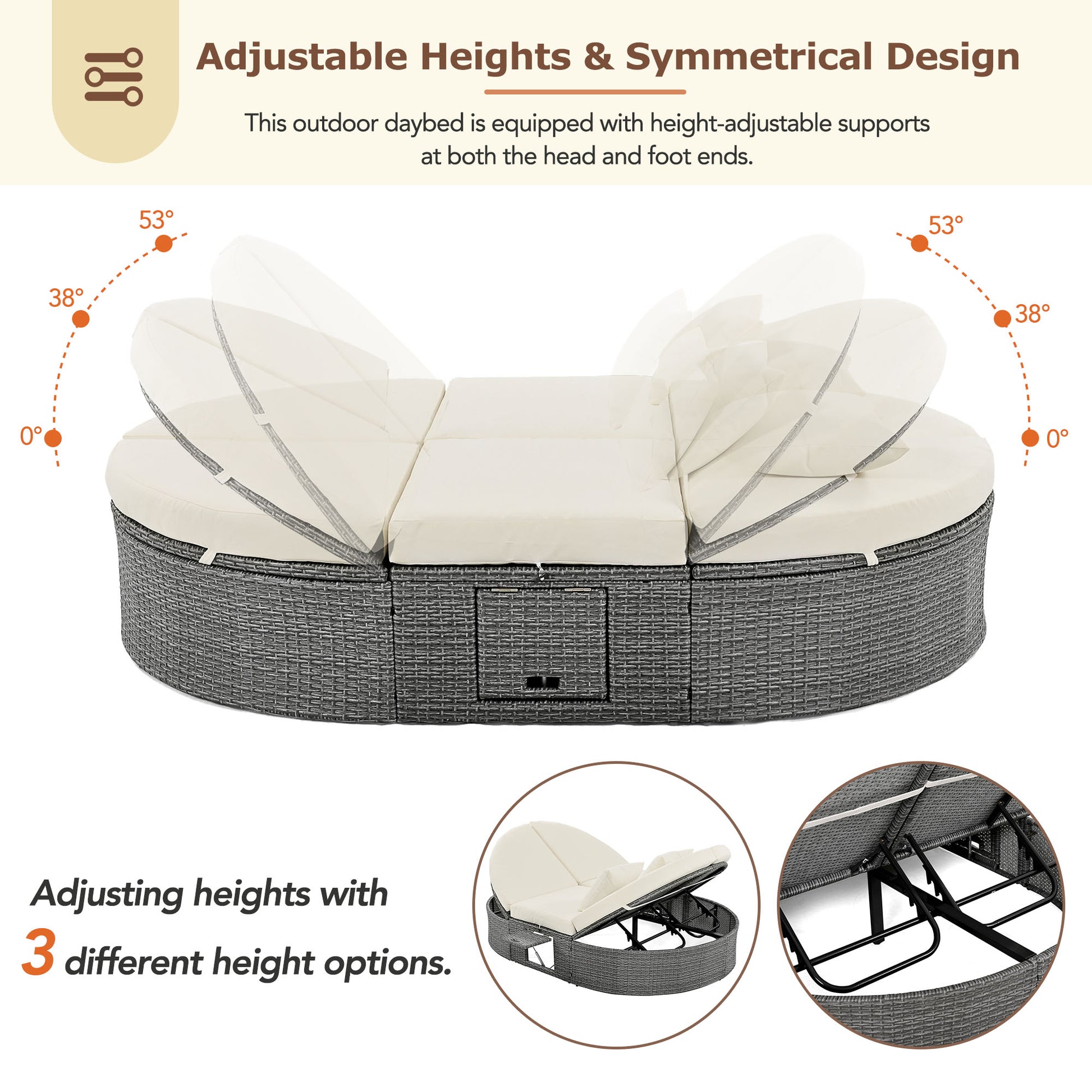 TOPMAX Outdoor Sun Bed Patio 2-Person Daybed With Cushions And Pillows, Rattan Garden Reclining Chaise Lounge With Adjustable Backrests And Foldable Cup Trays For Lawn, Poolside, Beige