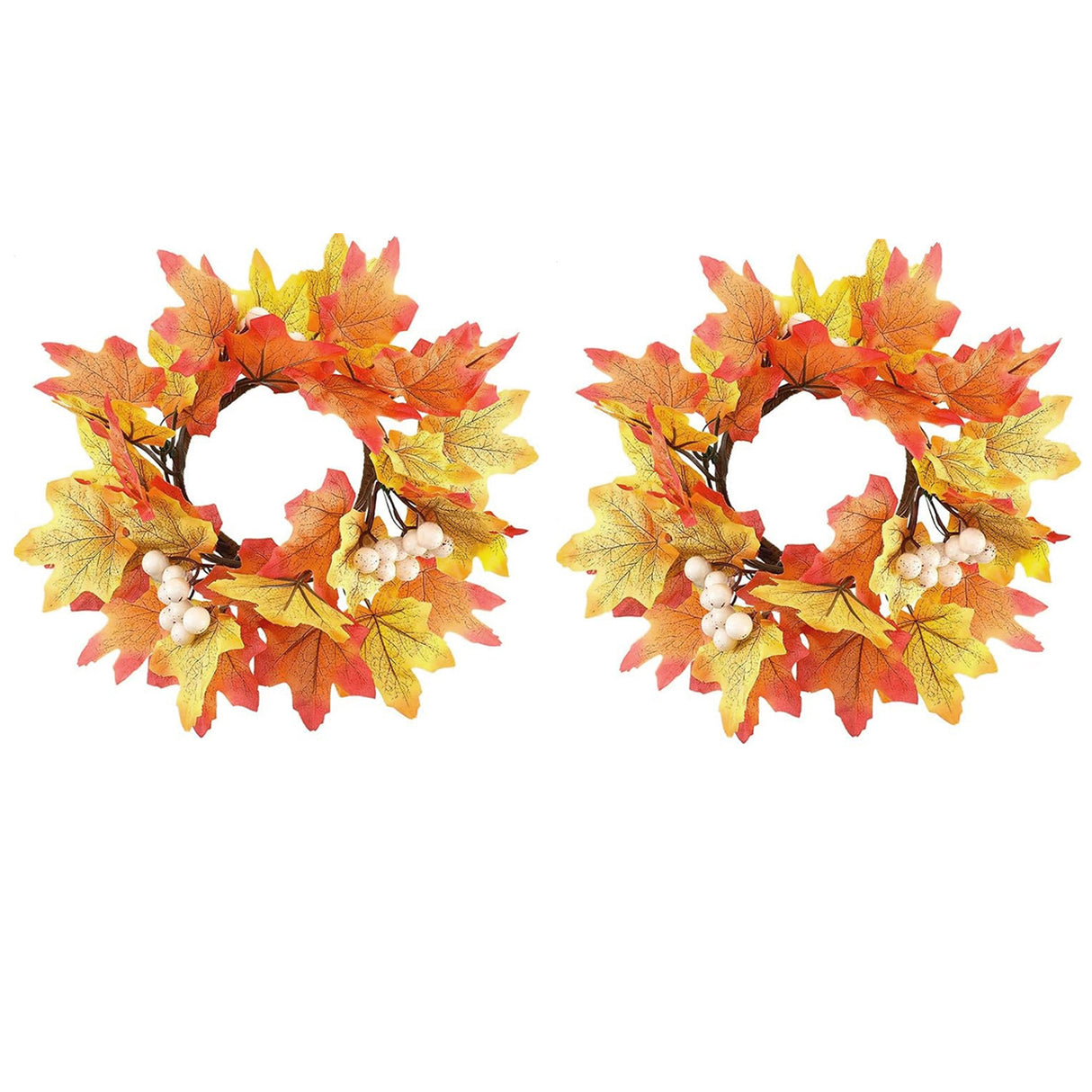 2 Pcs 9.8 Inch Fall Candle Rings Wreaths Candlestick Decorative Rattan Garland Maple Leaf Berries Sunflowers Candle Rings Autumn Wedding Parties Centerpieces - CJDS - FC