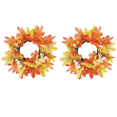 2 Pcs 9.8 Inch Fall Candle Rings Wreaths Candlestick Decorative Rattan Garland Maple Leaf Berries Sunflowers Candle Rings Autumn Wedding Parties Centerpieces - CJDS - FC