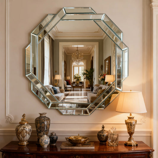 29.92 Inch Octagonal Living Room Mirror, Beveled Edge Frameless Wall Mirror For Wall Decor, Bathroom, Dining Room And Hallway