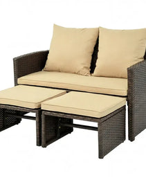 Outdoor Patio Furniture Set, PE Rattan Loveseat & 2 Ottomans Removable Cushions Metal Frame
