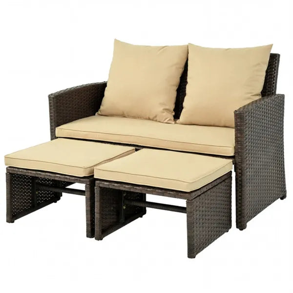 Outdoor Patio Furniture Set, PE Rattan Loveseat & 2 Ottomans Removable Cushions Metal Frame