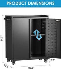 SUXXAN Metal Storage Cabinet With Wheels, Rolling Storage Cabinet With 2 Doors And Adjustable Shelves, Pegboard And 4 Hooks, Suitable For Garage, Home, Office, School, Black