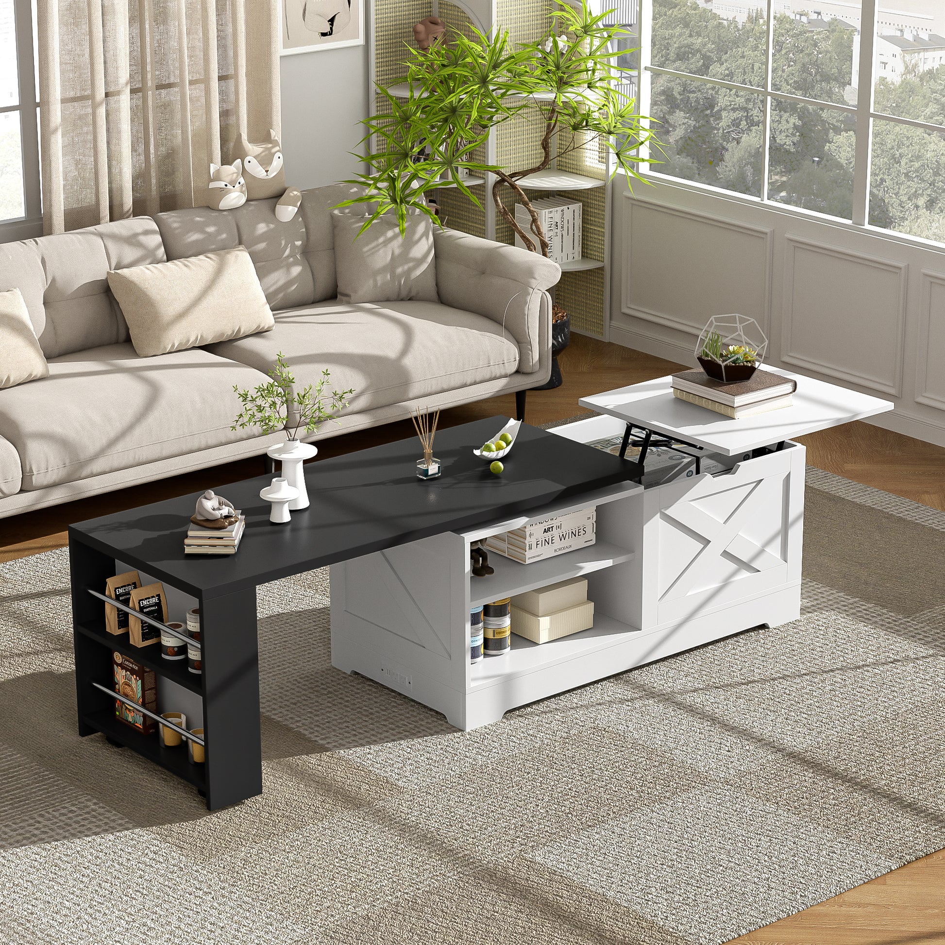 U-Can Farmhouse  Lift Top Coffee Table With Barn Doors, Wood Rectangle Center Table With Large Hidden Storage Space And Open Cabinet, For Living Room, Bedroom, Home Office