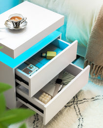 Nightstand LED Bedside Table Cabinet Lights Modern End Side With 2 Drawers For Bedroom White
