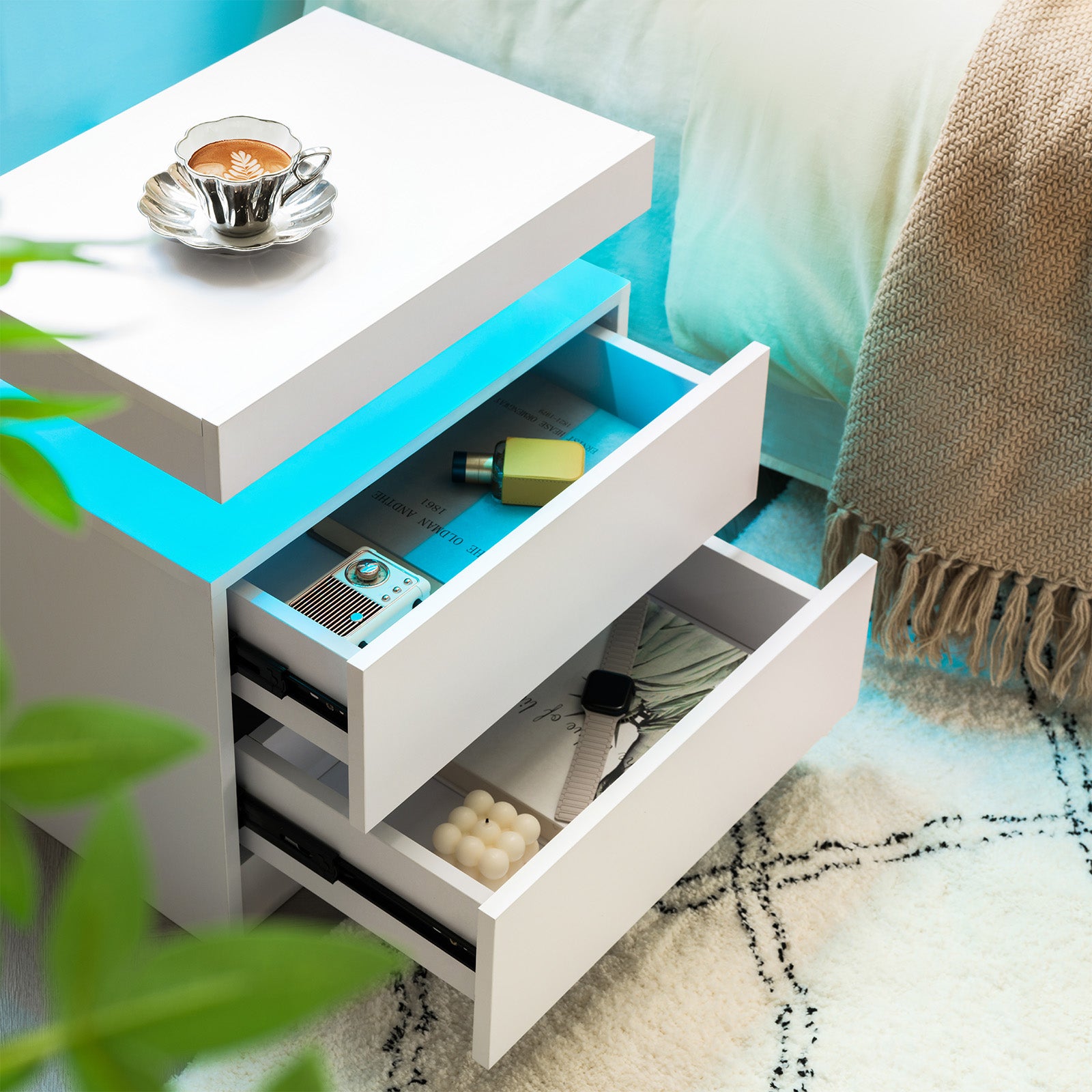 Nightstand LED Bedside Table Cabinet Lights Modern End Side With 2 Drawers For Bedroom White