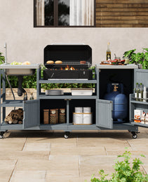 K&K 75.4  Outdoor Kitchen Island With Sink, Solid Wood Outdoor Grill Cart For XL Green Egg Grills, Rolling Outdoor Bar Cart With Stainless Steel Top, For Pizza Prep & BBQ, Grey Blue