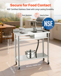 39.4" Rolling Stainless Steel Utility Sink – NSF-Certified Commercial Workstation with Wheels, Faucet & 3-Level Storage