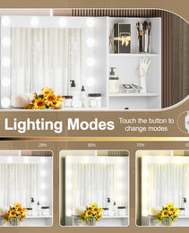 Vanity Desk With Mirror And 3 Lighting Modes, Makeup Vanity With Glass Top And Storage Shelves, Dressing Table With 2 Drawers And Cabinet - CJDS