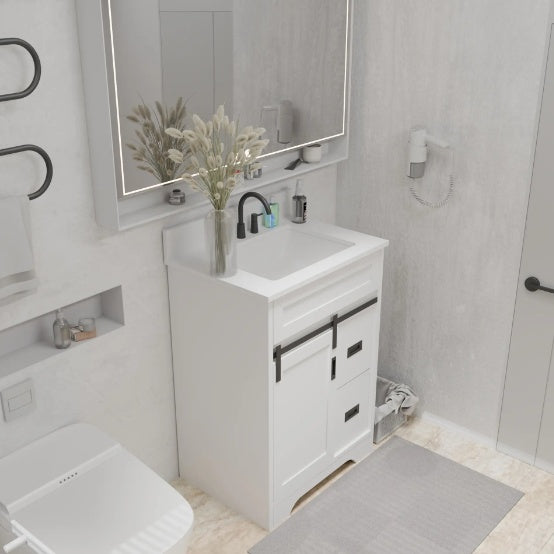 24 Bathroom Vanity With Single Sink Combo, Farmhouse Undermount Bathroom Sink Cabinet With Sliding Barn Doors And 2 Drawers, Freestanding Bathroom Vanities,White