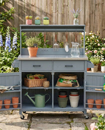 K&K 54.1  Outdoor Kitchen Island With High Shelf, Large Outdoor Potting Bench Table With Stainless Steel Top And Storage Cabinet, Solid Wood Grill Cart With Lockable Wheels For BBQ, Garden, Grey Blue