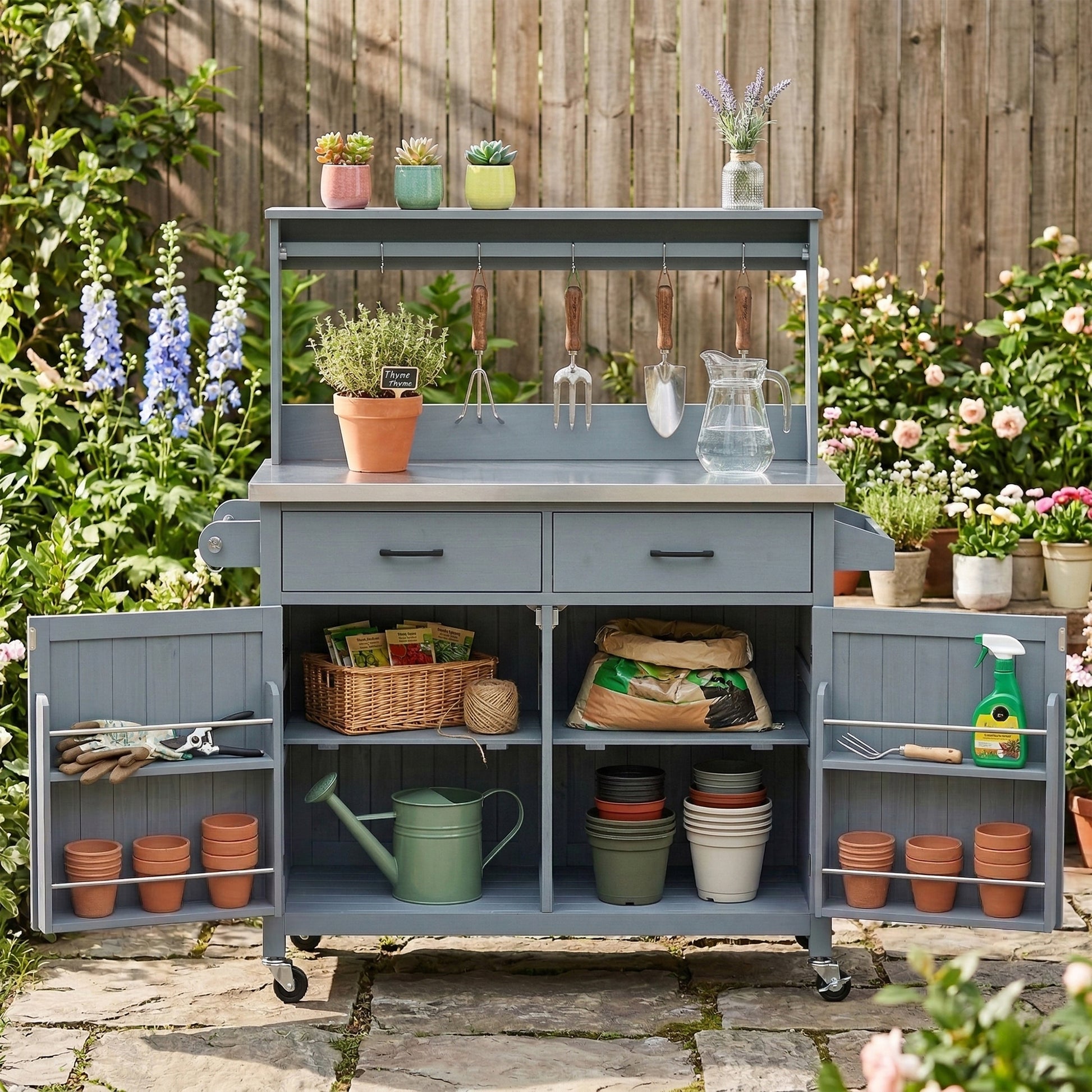 K&K 54.1  Outdoor Kitchen Island With High Shelf, Large Outdoor Potting Bench Table With Stainless Steel Top And Storage Cabinet, Solid Wood Grill Cart With Lockable Wheels For BBQ, Garden, Grey Blue
