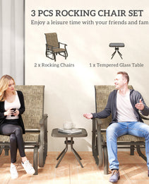 3-Piece Outdoor Gliders Set Bistro Set With Steel Frame, Tempered Glass Top Table For Patio, Garden, Light Mixed Brown