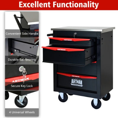 4 Drawers Multifunctional Tool Cart With Wheels,Metal Rolling Tool Cart Storage For Garage Workshop Warehouse Repair Shop--With Stainless Steel Roof- BLACK RED
