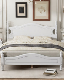 Queen Size Wood Platform Bed Frame,Retro Style Platform Bed With Wooden Slat Support,White
