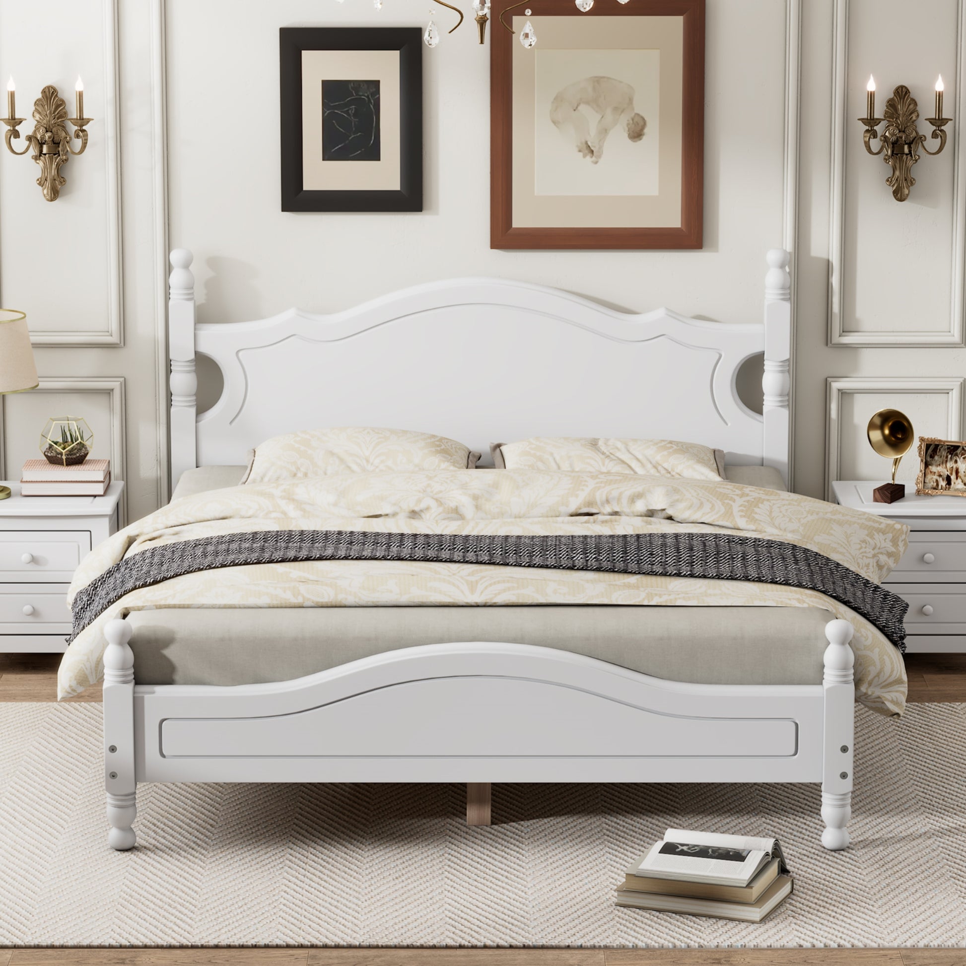 Queen Size Wood Platform Bed Frame,Retro Style Platform Bed With Wooden Slat Support,White