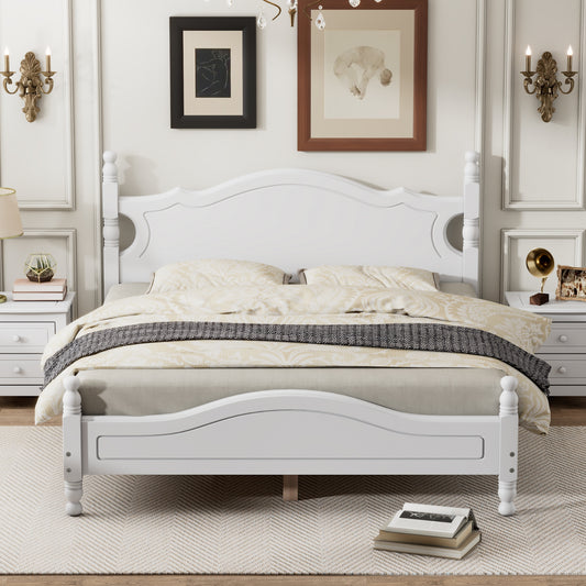 Queen Size Wood Platform Bed Frame,Retro Style Platform Bed With Wooden Slat Support,White