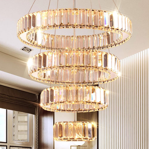4 Ring Modern Long Crystal Pendant Chandelier for High Ceilings Warm White