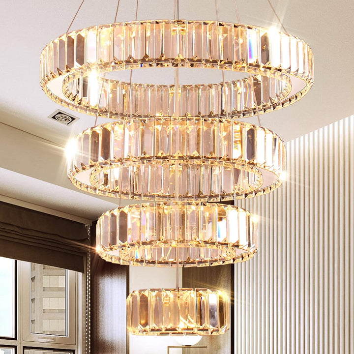 4 Ring Modern Long Crystal Pendant Chandelier for High Ceilings Warm White