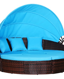 4-Piece Round Convertible Daybed with Cushions, Outdoor PE Rattan Patio Wicker Sofa Set, Sunbed with Adjustable Sun Canopy, Sectional Sofa, 2 Chairs, Table, 3 Pillows, Blue