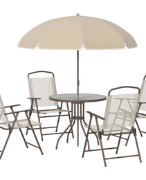 6-Piece Patio Dining Set With Umbrella, Folding Chairs & Glass Table, Beige - Outdoor Meal Setup