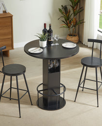 3-Piece Bar Table And Stool Set 31.5-inch Round Bar Table With Two Stools Compact Wooden Dining Bar With Metal Ring Footrest Ideal For Restaurants, Cafes, Bars, Living Rooms, And Small Spaces,Black