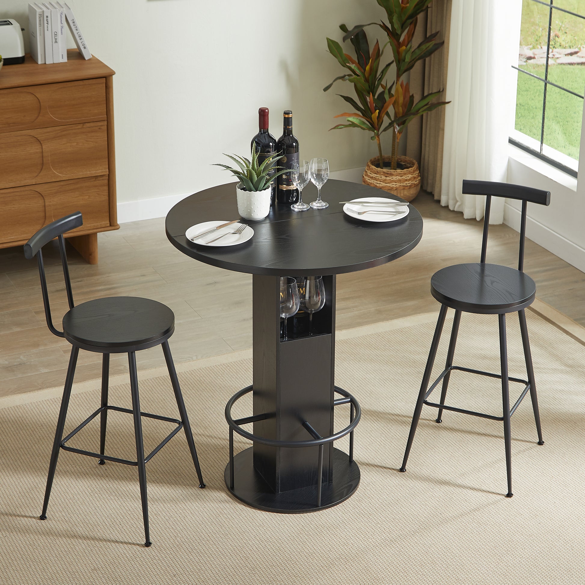 3-Piece Bar Table And Stool Set 31.5-inch Round Bar Table With Two Stools Compact Wooden Dining Bar With Metal Ring Footrest Ideal For Restaurants, Cafes, Bars, Living Rooms, And Small Spaces,Black