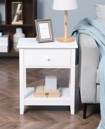 End Table, 2-tier Side Table with Drawer and Storage Shelf, Modern Side Table for Living Room, White