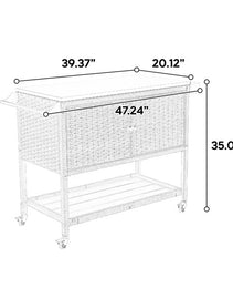 Outdoor Wicker Bar Cart, Patio Wine Serving Cart, Rolling Rattan Beverage Bar Counter Table