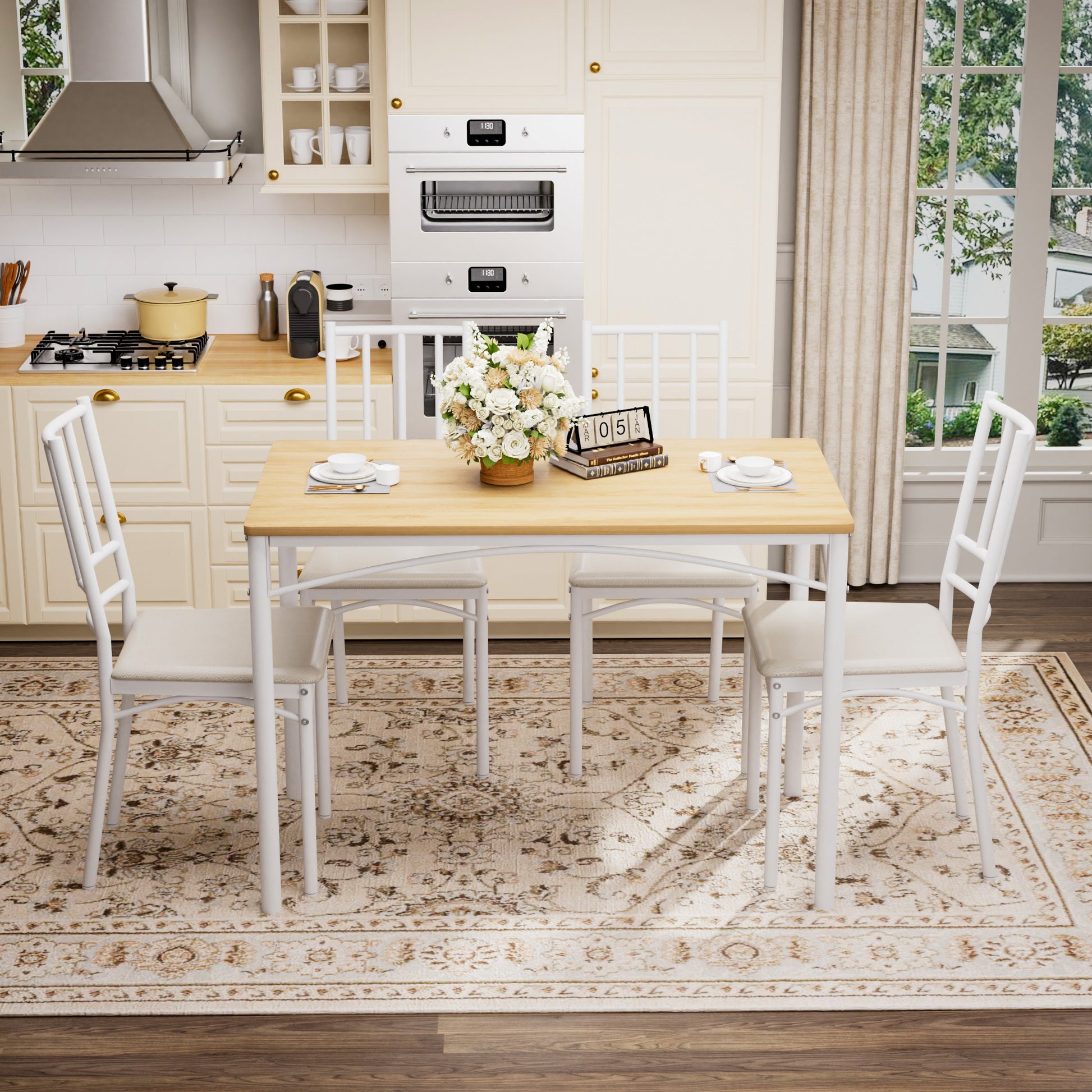 Dining Table Set, Bar Table With 4 Dining Benches, Kitchen Table Counter With Chairs, Industrial For Kitchen Breakfast Table, Living Room, Party Room, Natural And White, 43.3inL X23.6inW X 30.1inH