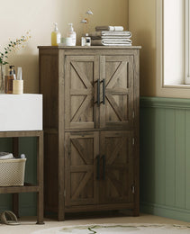 Bathroom Floor Storage Cabinet, Farmhouse Bathroom Cabinet with 4 Doors and Adjustable Shelf, Brown