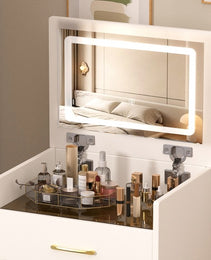 3 In 1 Vanity Desk With Open Top Mirror,Small Make Up Vanity Set With Visible Glass Desktop,Compact Makeup Vanity With 3 Drawers,Dressing Table For Bedroom - CJDS