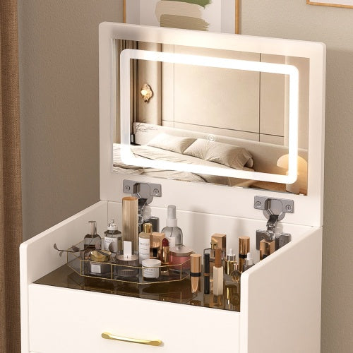 3 In 1 Vanity Desk With Open Top Mirror,Small Make Up Vanity Set With Visible Glass Desktop,Compact Makeup Vanity With 3 Drawers,Dressing Table For Bedroom - CJDS