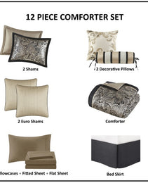 12 Piece Comforter Set With Cotton Bed Sheets Black Queen