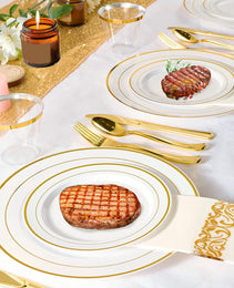 Set Of 175Pcs Disposable Gold Dinnerware Set Gold Rim Plastic Plates Cups Fork Spoon Knife Paper Napkins For Party Wedding Graduation