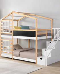 Twin Over Twin  Bunk Bed House Bed With Roof Windows Blackboard And Storage Ladder Platform Bed,bed Frame