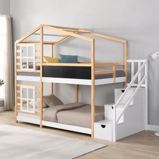 Twin Over Twin  Bunk Bed House Bed With Roof Windows Blackboard And Storage Ladder Platform Bed,bed Frame