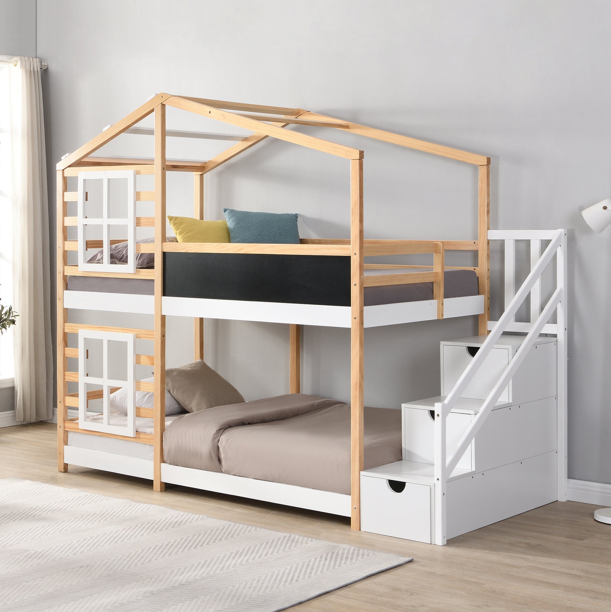 Twin Over Twin  Bunk Bed House Bed With Roof Windows Blackboard And Storage Ladder Platform Bed,bed Frame