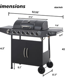 6 Burner BBQ Propane Gas Grill With Side Burner 59000 BTU Output Stainless Steel Barbecue Grill With Enamel-Coated Grates And Side Tables For Outdoor Cooking Kitchen And Patio Backyard.