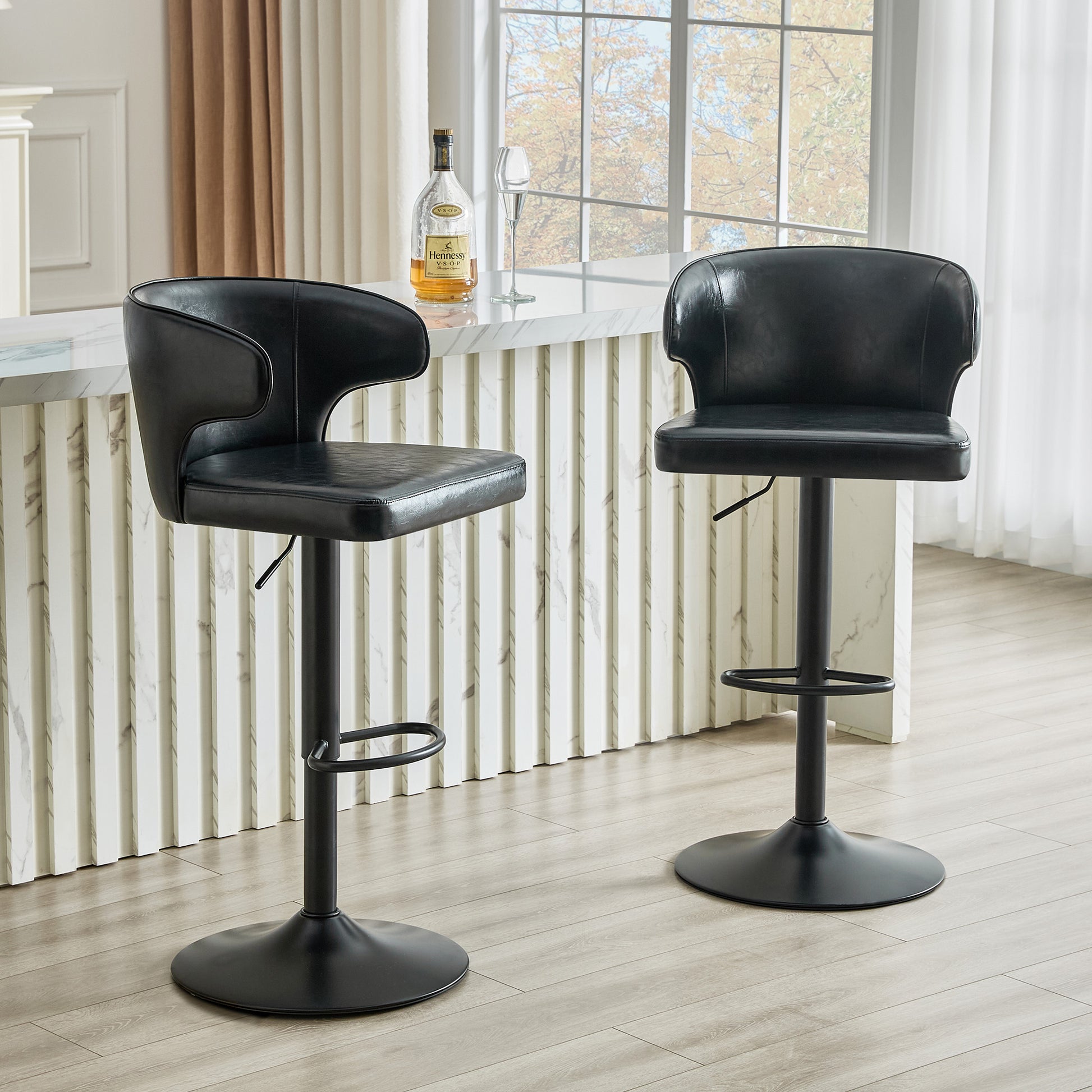 Modern Rotating Adjustable Bar Chair, Oil Wax Belt Backrest Swivel Chair, Suitable For Kitchen Bar Counter And Dining Room, Adjustable Height, Capable Of Bearing 300 Pounds  Black -2 Pieces