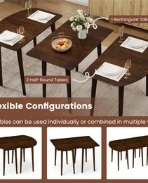 45" Extendable Dining Table Set, 2 Half-Round Tables Convertible To Oval For 4-6 People Walnut